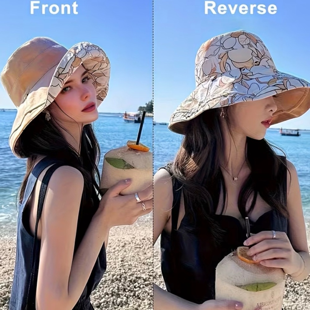 Elegant Cream and Floral Reversible Bucket Hat - Picture 2 of 3